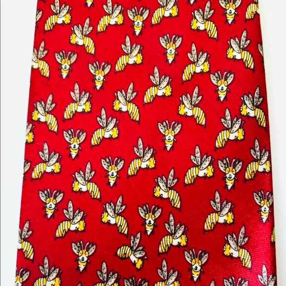 Italian silk red neck tie with beautiful yellow beas pattern handmade vintage - Picture 2 of 3